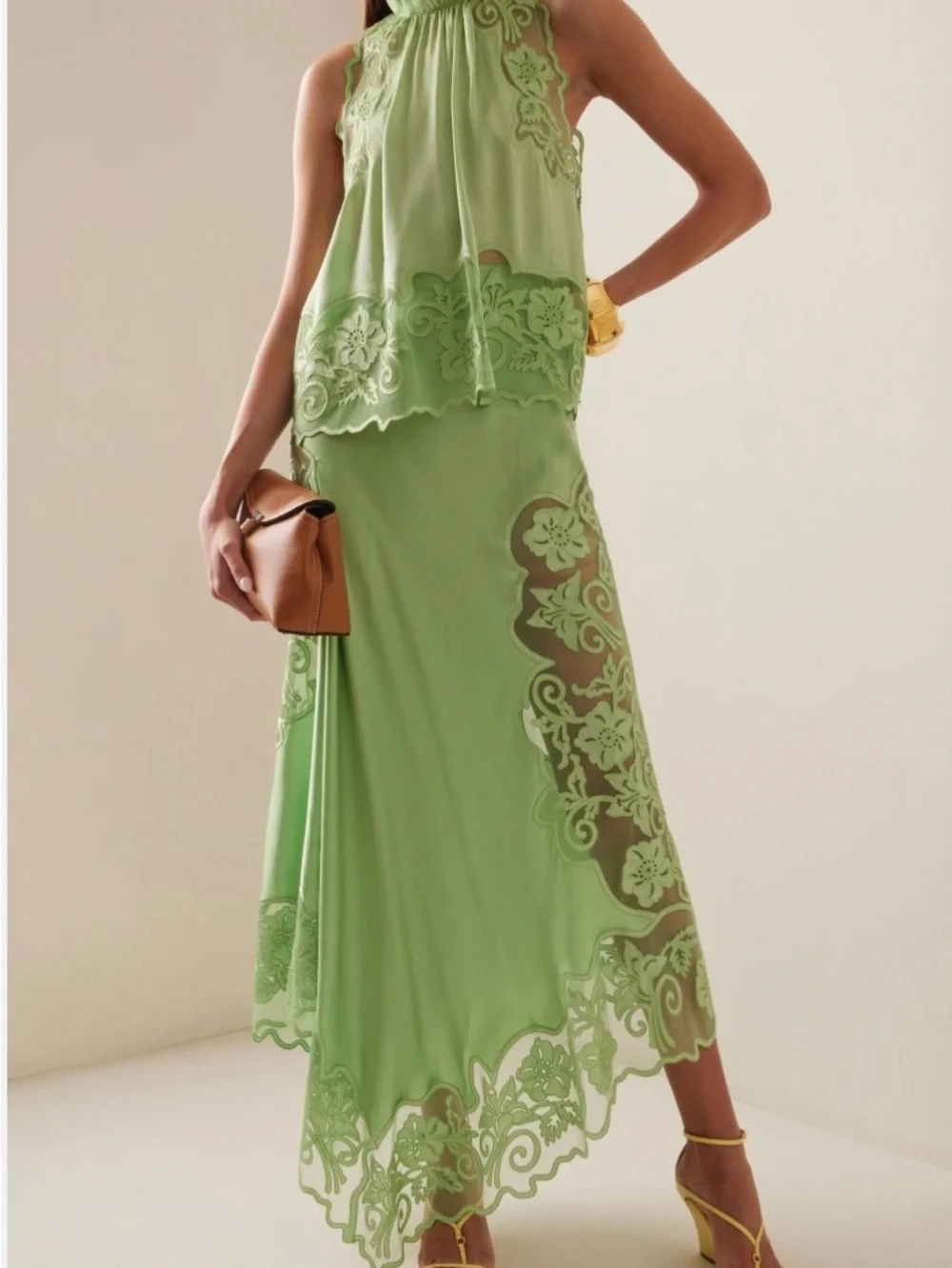 Green Silk Lace-Appliqué Skirt AND Top Matching Set